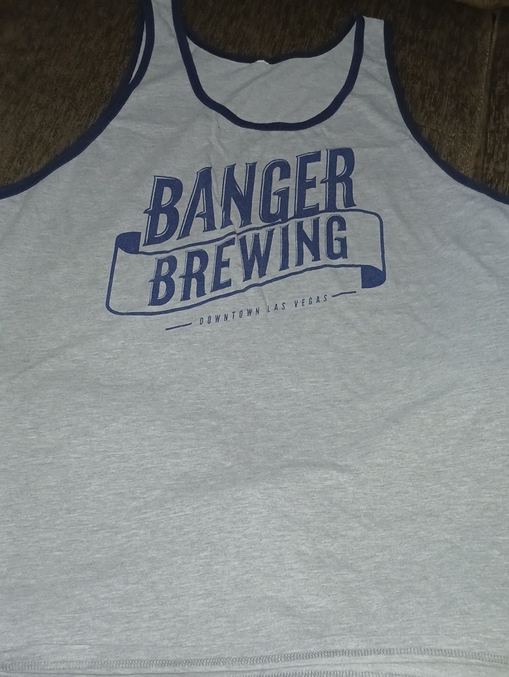 Source Unknown Light Gray Tank Top with Navy Banger Brewing Logo